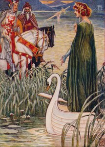 Arthur király elkéri a tó hölgyétől az 1911-es Excalibur kardot. alkotó: Walter Crane