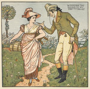 "Csinos szobalányom". Egy úriember egy fiatal nővel beszélget. alkotó: Walter Crane