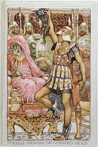 Perseus a Gorgon fejét mutatja, illusztrációja a „Görög mitológiai legendához”, Londonban, 1910 alkotó: Walter Crane