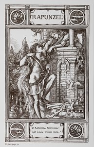 Rapunzel kihajol egy torony ablakán, miközben egy herceg felmászik a hajába. alkotó: Walter Crane