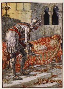 Sir Lancelot a Veszélyes kápolnában, Henry Gilbert "A kerekasztal lovagjainak történetei" című művéből, első kiadás, 1911. alkotó: Walter Crane