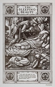Csipkerózsika alszik körülötte egy alvó kutya és egy hangszer, miközben Bűbájos herceg vigyáz rá. alkotó: Walter Crane