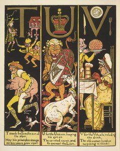 A TUV-T a Tomot, a pipás fiát jelenti; U az egyszarvú; és V az élelemért alkotó: Walter Crane