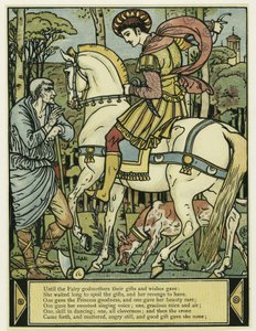 A herceg útbaigazítást kér, a Kékszakállú képeskönyvből, kocsmából. 1879 (színes litó) alkotó: Walter Crane
