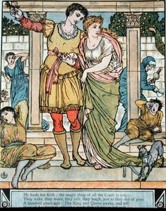 A herceg megmenti a hercegnőt, illusztráció Charles Perrault (1628-1703) „Csipkerózsika” című művéhez (színes metszet) alkotó: Walter Crane