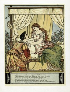 A herceg felébreszti a szépséget, a Kékszakállú képeskönyvből, kocsmából. 1879 (színes litó) alkotó: Walter Crane