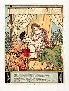 A herceg felébreszti a szépséget, a Kékszakállú képeskönyvből, kocsmából. 1879 színes litográfia, 1879. alkotó: Walter Crane