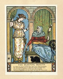 A hercegnő forogni tanul, a Kékszakállú képeskönyvből, kocsmából. 1879 (színes litó) alkotó: Walter Crane
