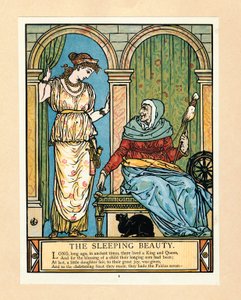 A hercegnő forogni tanul, a Kékszakállú képeskönyvből, kocsmából. 1879 színes litográfia, 1879. alkotó: Walter Crane