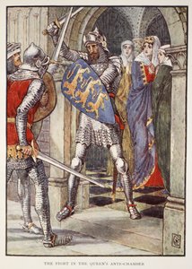 A harc a királynő előszobájában, Henry Gilbert "A kerekasztal lovagjainak történetei" című művéből, első kiadás, 1911. alkotó: Walter Crane