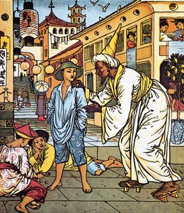 Ezeregy éjszaka: "Aladdin lámpása: a gonosz varázsló letartóztatja Aladdint, és meghívja, hogy kövesse őt. Walter Crane illusztrációja az "Aladdin és a csodálatos lámpa" című filmhez 1876-ban. alkotó: Walter Crane