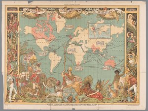 Világtérkép, amely a gyarmati Brit Birodalmat mutatja, 1886 Birodalmi Föderáció, a világtérkép, amely a Brit Birodalom kiterjedését mutatja 1886-ban (cím az objektumon) alkotó: Walter Crane