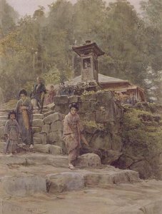 "Közelítés egy vidéki szentélyhez", illusztráció a "Japán és a japánok" címhez, kocsma. írta Methuen alkotó: Walter Frederick Roofe Tyndale