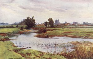 Wessex: Wimborne Minster a távolban (színes litográfia). alkotó: Walter Frederick Roofe Tyndale