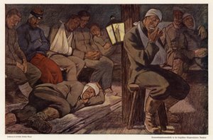 Sebesült katonák a belgiumi Roulers-i sebesültelhárító állomáson, I. világháború (színes litó) alkotó: Walter Georgi