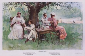 Szerelem tétlensége: két pár pihen az árnyékban egy fa alatt a kertben (színes litho)