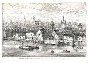 A Steel Yard Iron Wharf és környéke 1540-ben. A folyóparton, 1878