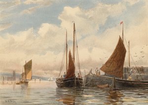 Penzance Luggers Newlynben (színes litográfia) alkotó: Walter William May