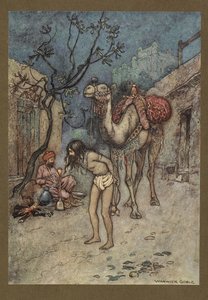16. tábla: "A tevehajtó leszállt, ott helyben a fához kötötte a tevét, és dohányozni kezdett."  Folk-Tales of Bengal ... Warwick Goble 32 színes illusztrációjával. (Edition de luxe.).  1914