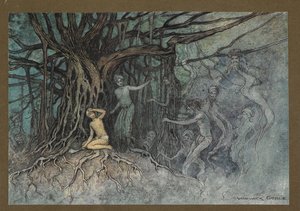 19. tábla: "Abban a pillanatban, amikor az első ütést leadták, nagyon sok szellem rohant a Brahman felé, a "Bengáli népmesékből... Warwick Goble 32 színes illusztrációjával (Edition de luxe.)