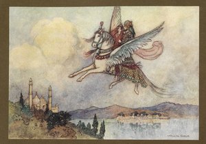 20. tábla: "A hölgy, a király és a hiraman épségben és épségben megérkeztek a király fővárosába", a Folk-Tales of Bengal... 32 színes illusztrációval Warwick Goble-tól (Edition de luxe.)
