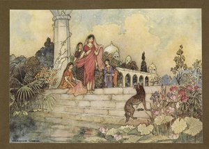 23. tábla: „A sakál… felnyitotta bételleveleinek kötegét, a szájába vett, és rágni kezdte” a Folk-Tales of Bengal-ból... Warwick Goble 32 színes illusztrációjával (Edition de luxe .)