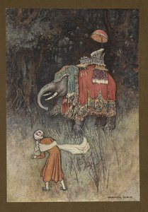 8. tábla: "Hirtelen egy elefánt pompásan átfutott az útjába", a Folk-Tales of Bengal... Warwick Goble 32 színes illusztrációjával (Edition de luxe)