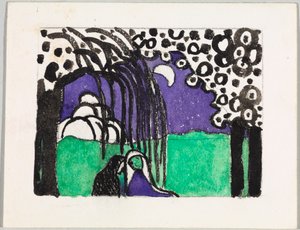 Terv a „Két nő holdfényes tájban” című színes fametszethez alkotó: Wassily Kandinsky