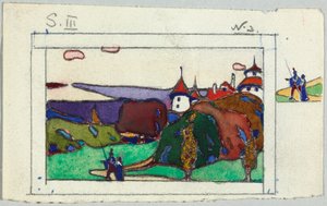 Tájkép középkori népviseletben lévő párral, hátoldalon: páncélos lovag részlete alkotó: Wassily Kandinsky
