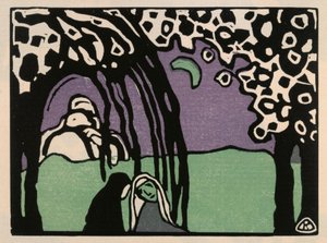 Két nő holdfényes tájban (12. lap a „Hangok” című műből) alkotó: Wassily Kandinsky