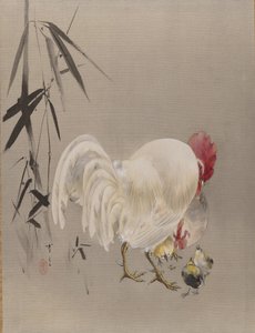 Kakas és tyúk csibékkel, kb. 1887. alkotó: Watanabe Seitei
