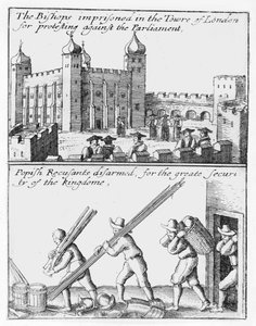 A londoni Towerben bebörtönzött püspökök; A pápai visszavágókat leszerelték alkotó: Wenceslaus Hollar