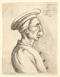 Lapos orrú, kiálló szájú, lapos sapkát és gombos kabátot viselő férfi mellképe..., 1660. alkotó: Wenceslaus Hollar