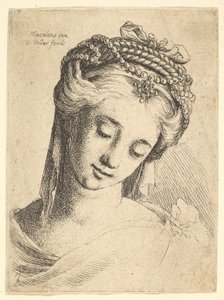 Kidolgozott fejdíszes fiatal nő mellszobra lefelé néz., 1625-77. alkotó: Wenceslaus Hollar