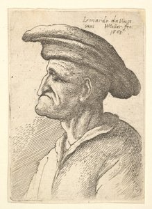 Idős férfi mellszobra alsó ajkához érő orral, széles lapos sapkát viselő profilban, t..., 1665. alkotó: Wenceslaus Hollar