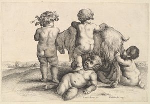 Négy fiú, egy fiatal szatír és egy kecske, 1647. alkotó: Wenceslaus Hollar