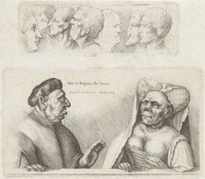 Fríz tanulmányi fejjel / Karikatúrák Tunézia királyáról és királynőjéről Rex et Regina de Tunis (cím a tárgyon) Varie figurae et probae (sorozat címe) Karikatúrák, fejek és deformitások Leonardo da Vinci után (sorozat címe)