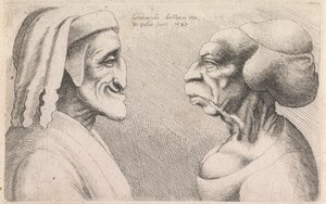 Egymással szemben álló férfi és nő groteszk profilja alkotó: Wenceslaus Hollar