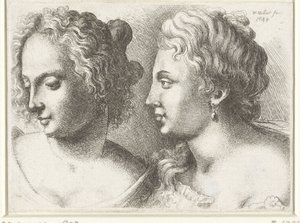 Két fiatal nő feje Varie figurae et probae (sorozat címe) Karikatúrák, fejek és deformitások Leonardo da Vinci után (sorozat címe) alkotó: Wenceslaus Hollar