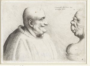 Egy nagydarab kopasz férfi és egy groteszk nő feje Varie figurae et probae (sorozat címe) Karikatúrák, fejek és deformitások Leonardo da Vinci után (sorozat címe) alkotó: Wenceslaus Hollar