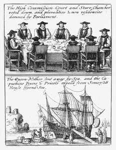 A Csillagkamara tagjai; Henrietta Mária királynő Angliából hajózik alkotó: Wenceslaus Hollar