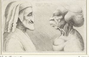 Egy kalapos férfi (Dante?) és egy nő deformált karikatúrafejei Varie figurae et probae (sorozat címe) Karikatúrák, fejek és deformitások Leonardo da Vinci után (sorozat címe) alkotó: Wenceslaus Hollar
