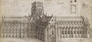 A régi Szent Pál-székesegyház északkeletről (Toll, barna tinta és szürke tus grafitra, metszve és dörzsölve az átvitelhez) alkotó: Wenceslaus Hollar