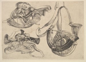 Hét vadászkürt három csoportban, 1625-77. alkotó: Wenceslaus Hollar