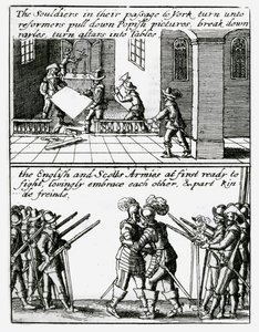 A katonák elpusztítják a vallási képeket egy templomban; Angol és skót katonák ölelkeznek alkotó: Wenceslaus Hollar
