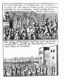 Szent András főprelátusa prédikál Skóciában; tanoncok és tengerészek felemelkedése a Lambeth-palotában alkotó: Wenceslaus Hollar