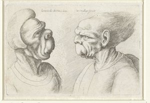 Két deformált fej Varie figurae et probae (sorozat címe) Karikatúrák, fejek és deformitások Leonardo da Vinci után (sorozat címe) alkotó: Wenceslaus Hollar
