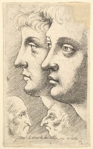 Két fiatal profilban balra, lent két groteszk fejjel egymással szemben, 1625-77. alkotó: Wenceslaus Hollar