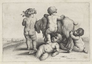 Négy fiú, egy szatír és egy kecske Putti és szatírok (sorozat címe) alkotó: Wenceslaus Hollar