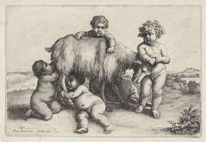 Négy fiú, egy szatír és egy kecske áll a jobb oldalon Putti és szatírok (sorozat címe) alkotó: Wenceslaus Hollar
